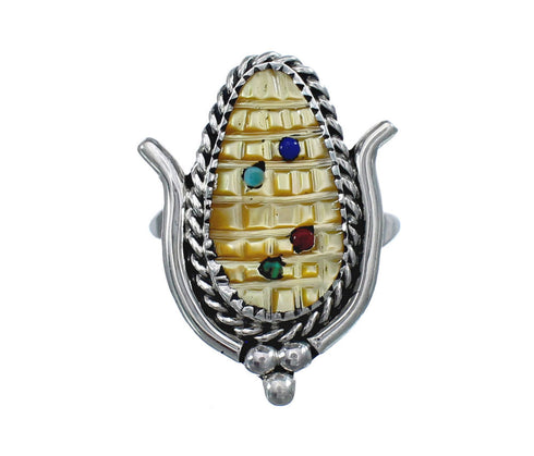 Native American Zuni Multicolor Multistone Sterling Silver Corn Ring Size 8-1/4 JX124157